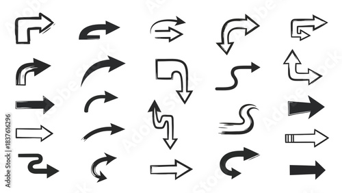 Collection of various stylized handdrawn arrow icons pointing right down or curving