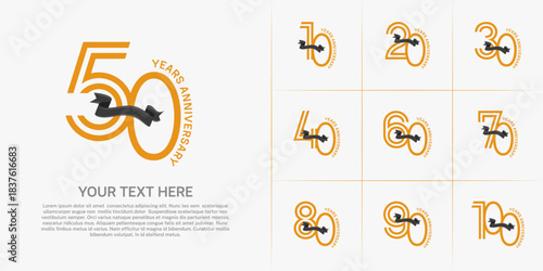 Anniversary logo type set with double line number. orange color with black ribbon can be use special moment