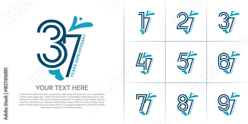 Anniversary logo type set with double line number. blue color with leaf ornament can be use special moment