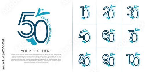 Anniversary logo type set with double line number. blue color with leaf ornament can be use special moment