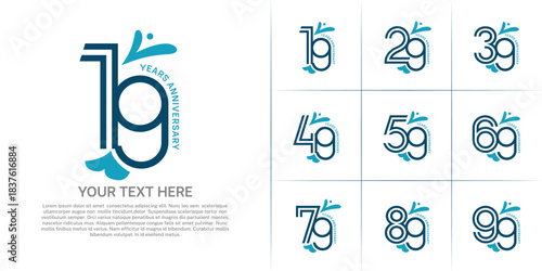 Anniversary logo type set with double line number. blue color with leaf ornament can be use special moment