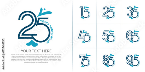 Anniversary logo type set with double line number. blue color with leaf ornament can be use special moment