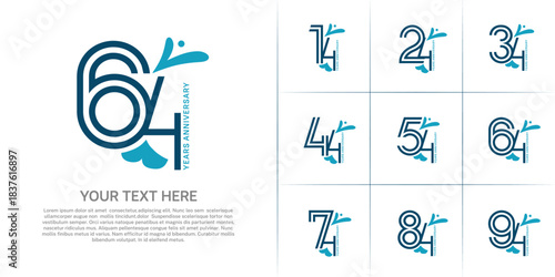 Anniversary logo type set with double line number. blue color with leaf ornament can be use special moment
