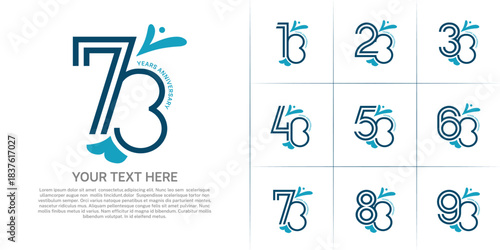 Anniversary logo type set with double line number. blue color with leaf ornament can be use special moment