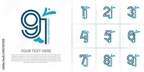 Anniversary logo type set with double line number. blue color with leaf ornament can be use special moment