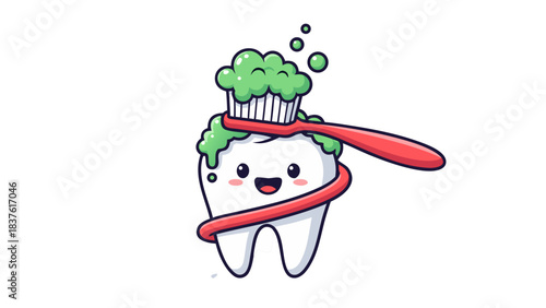 Cute Cartoon Tooth Brushing With Red Toothbrush And Green Toothpaste On Black Background With Bubbles