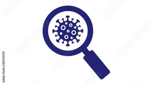 Dark Blue Icon of a Magnifying Glass Over a Virus Symbol on a Black Background Represents Scientific Research and Disease Discovery