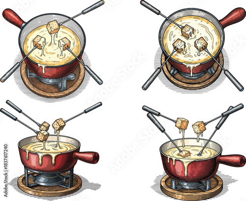 Swiss Cheese Fondue Pot Icon Set in Hand-Drawn Vintage Style with Melting Cheese and Dipping Bread Illustration