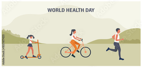 World health day concept, family exercise activity, mother, father and kids running in the park. Family fit exercise and healthy lifestyle vector Illustration