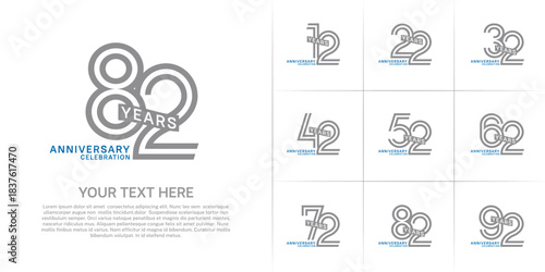 Anniversary logo type set with double line number. grey and blue color with ribbon can be use special moment