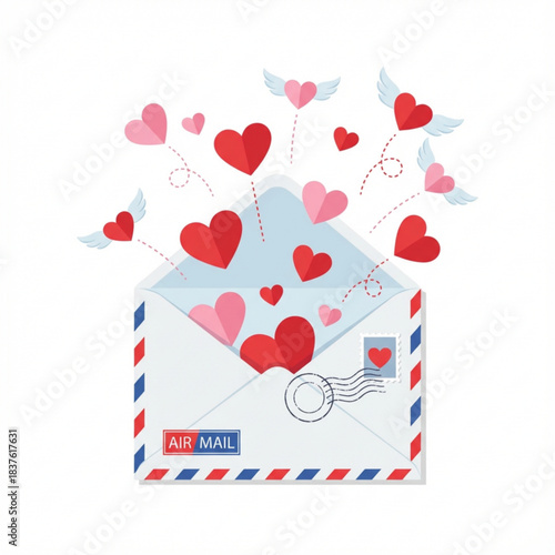Whimsical Love Letter Vibrant illustration of an open envelope bursting with flying red and pink hearts, symbolizing heartfelt messages, romance, and affectionate communication