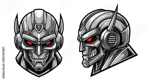 Two Detailed Monochrome Robotic Heads with Metal Exoskeletons and Red Eyes