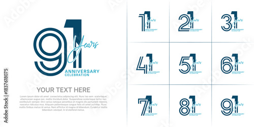 Anniversary set design with double line number and handwriting. blue color for celebration event