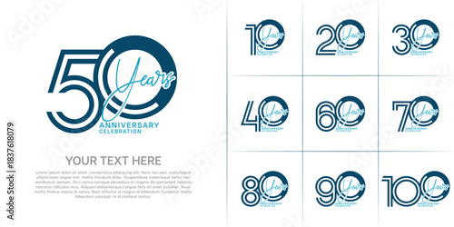 Anniversary set design with double line number and handwriting. blue color for celebration event