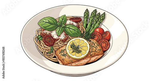 Gourmet Pasta Dish with Fresh Basil, Asparagus, and Tomato Sauce on a White Plate