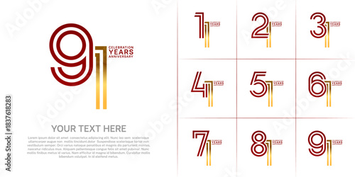 Anniversary set design with double line number. red and gold color for celebration event