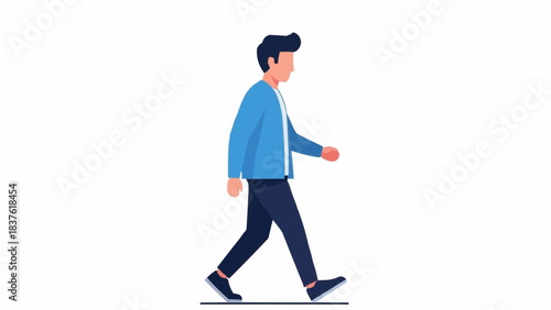 Man walking in blue jacket and dark pants side view.