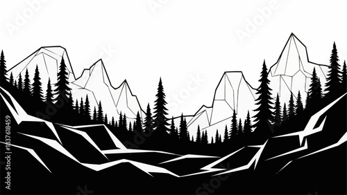 Minimalist black and white illustration of a mountain forest landscape.
