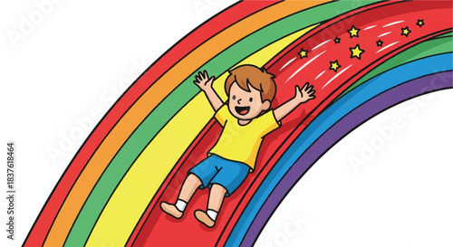 Excited Child Sliding Down a Vibrant Rainbow Slide with Arms Raised in Joy