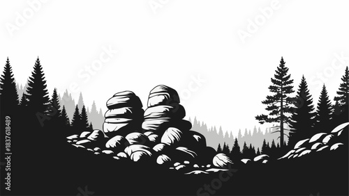 Monochrome Landscape with Rock Formations and Evergreen Trees.