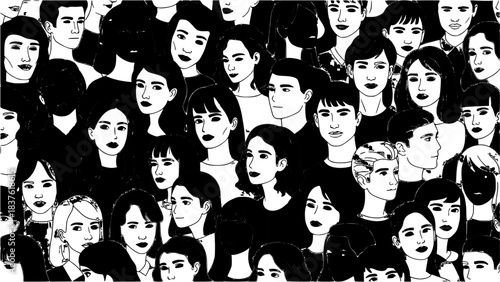 Black and white graphic illustration of a dense crowd of faces.