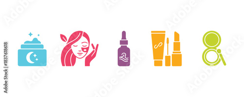 A simple assortment of vector solid icons connected to cosmetics. It has icons for night cream, women's face, facial treatment, and more.

