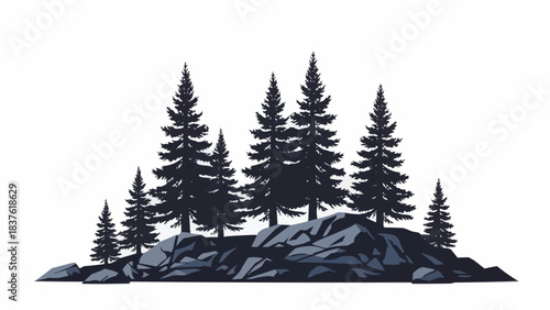 Silhouette of Pine Trees on Rocky Outcrop.