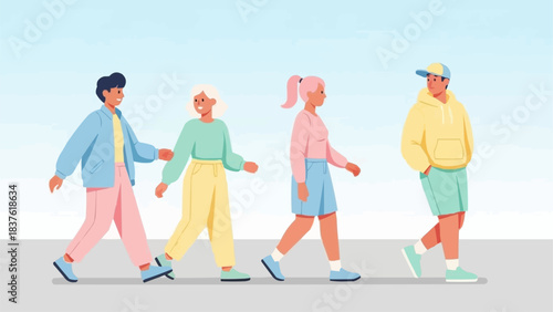 Diverse Group Walking Together in Casual Pastel Outfits.