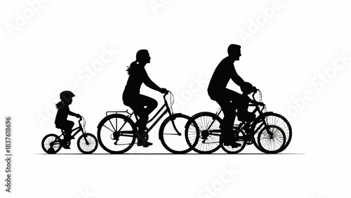 Family Cycling Together Silhouettes on White Background.