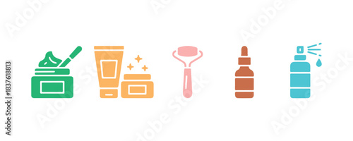 Set of skincare icons. Elements for beauty care like face masks, creams, rollers, and cosmetic bottles. Glyph symbol for facial treatment and wellness routine. Black spa sign.
