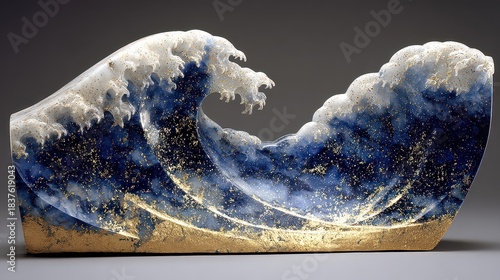 Artistic Representation Of A Crashing Wave With Blue Watercolor And Gold Glitter Details