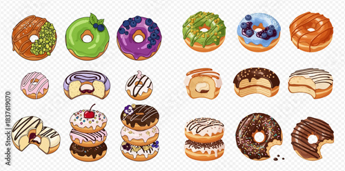 Colorful and Delicious Donut Assortment isolated on a White Backgroung 2dflat