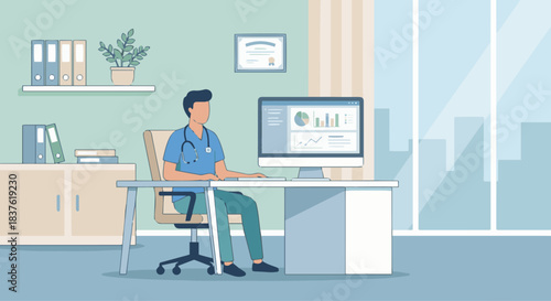 “Doctor working at a computer desk in a medical office, flat vector style, soft colors, organized clean workspace.”