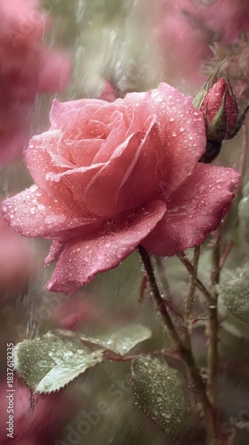 Close Up Of A Delicate Pink Rose Covered In Water Droplets And Sparkling Glitter