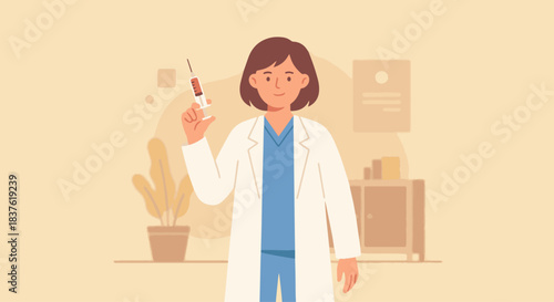 “Doctor wearing a lab coat and holding a syringe for vaccination, clean flat vector style, soft warm tones, simple shapes.”