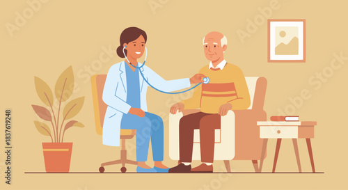 “Flat-style illustration of a doctor using a stethoscope on a senior patient, warm caring palette, minimal clinic props.”