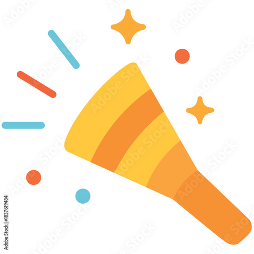 Cute yellow striped party horn icon, great for sunny, joyful celebrations, or illustrating bright, cheerful, and playful festive visuals.