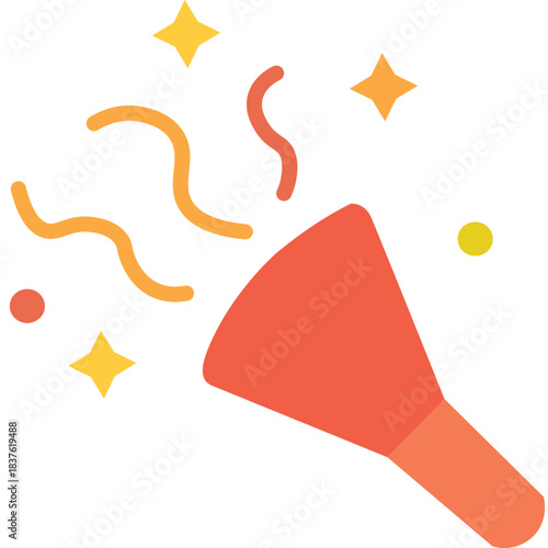 Cute red party horn with streamers icon, ideal for lively parties, surprises, or illustrating playful, colorful, and celebratory visuals.