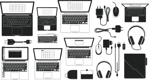 Overhead view of laptops keyboards headphones and accessories in black and white illustration