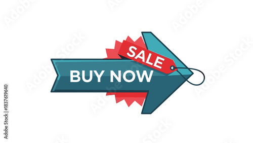 A silhouette of a blue and red 'BUY NOW' sale arrow on a white background, highlighting a Black Friday promotion with a bold, eye-catching design.