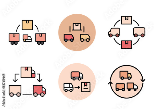 Diverse depictions of product or package distribution networks and delivery logistics