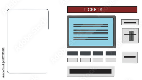 Digital ticket vending machine with screen and buttons in a modern design with red tickets label and gray and blue interface elements on a black background