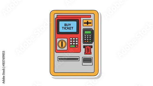 Digital Ticket Vending Machine with Red and Gray Exterior Displaying Buy Ticket Text and Coin Slot in a Simple Flat Design
