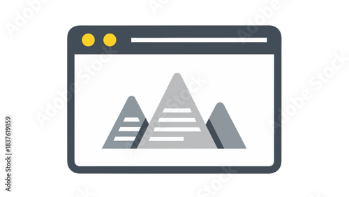 Digital Window Displaying Gray Geometric Mountain Peaks on White Background with Dark Gray Frame and Yellow Buttons Representing Navigation and Data Visualization