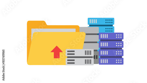 Digital Yellow Folder with Red Upload Arrow Next to Stacked Blue and Purple Servers on a Transparent Background