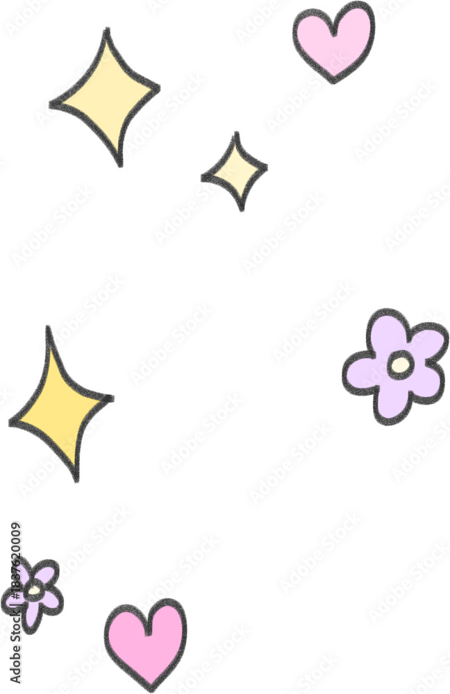 Obraz premium Hand Drawn Decorative Sticker Elements Set with Hearts Stars and Flowers