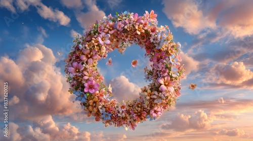 Floating Floral Wreath Against Cloudy Blue Sky Showcasing Pastel Hues and Dreamlike Atmosphere