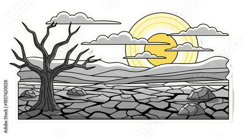 Desolate dry cracked earth landscape with a lone barren tree under a bright sun and dramatic clouds grayscale artistic illustration