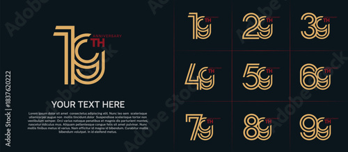 Anniversary set design with double line number. gold and red color for celebration event