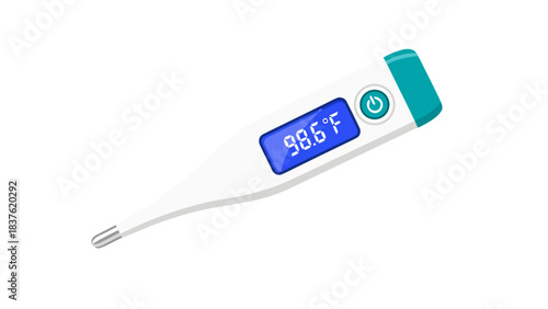 Digital thermometer displaying 98.6 degrees Fahrenheit with a blue LED screen and teal accents isolated on black background ideal for medical health and wellness concepts